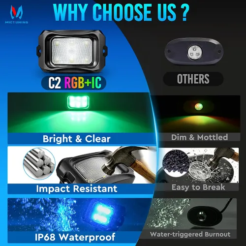 Miniatura 3 de MICTUNING C2+ RGB+IC Luces de Roca con Colores Cambiantes, Impermeables IP68, 2 piezas de Luces de Neón para Rocas (No Incluye Controlador)