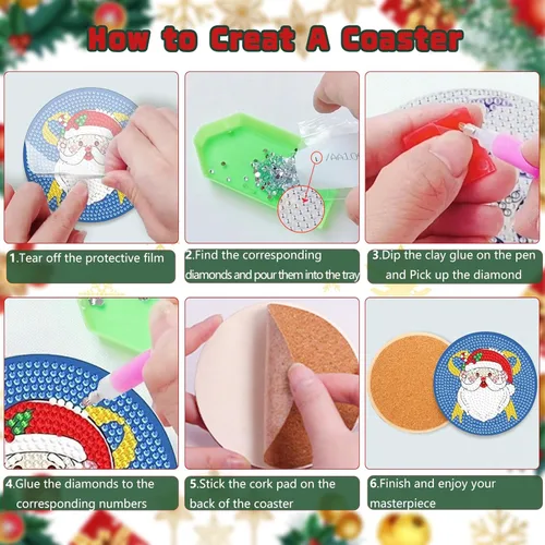 Miniatura 6 de FOWSEEK 8 Piezas Posavasos de Arte de Pintura de Diamantes de Navidad, Kit de Posavasos de Arte de Diamante DIY con Soporte para Adultos