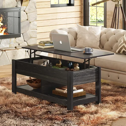 Miniatura 2 de WLIVE - Mesa de centro con parte superior elevable de 47", mesa de centro con compartimento oculto y 2 estantes de almacenamiento para sala de Roble