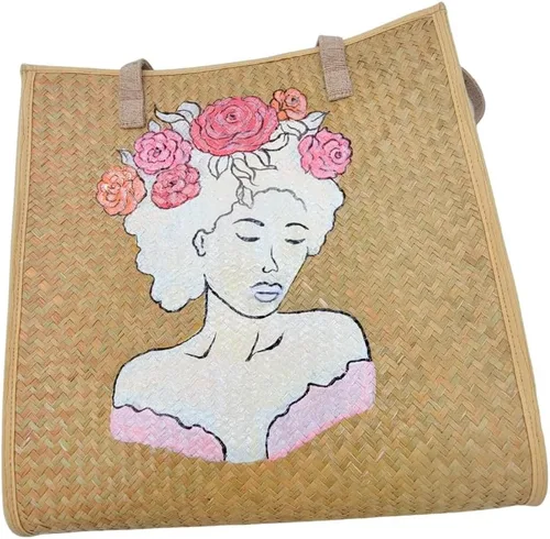 Miniatura 5 de Women's Handknitting Sea Grass Tote BagGirl Flower head Summer Tote BagHand Painted Acrylic color on seagrass Handcrafted Bag