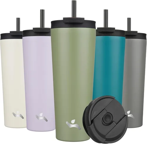 Miniatura 34 de Konokyo Vaso aislado de 18 onzas con tapa y 2 pajillas, botella de agua de acero inoxidable, taza de viaje al vacío, taza de café, color blanco ángel