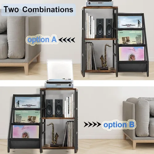 Miniatura 3 de Soporte para tocadiscos, soporte para tocadiscos con almacenamiento de discos de vinilo, soportes para tocadiscos, mesa auxiliar marrón para sala