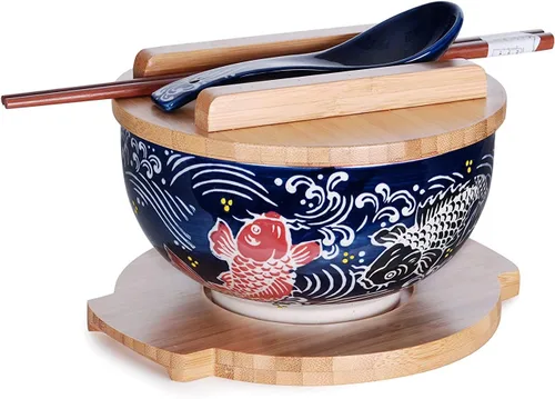 Miniatura 11 de Happy Sales HSKM-CHRYB8, juego de tazón para ramen, fideos de arroz estilo vintage japonés Kamameshi con tapa de bambú, esterilla, palillos