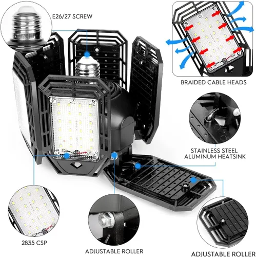 Miniatura 3 de Luyata Paquete de 4 luces LED de garaje de 200 W deformables 20000 lm cerca del techo, 6500 K, luz LED ultra brillante para tienda con 6 paneles