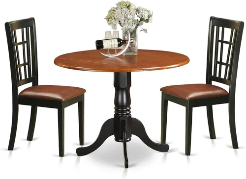 East West Furniture DLNI3-BCH-LC - Juego de comedor de 3 piezas que contiene una mesa de comedor redonda con gotas y 2 sillas tapizadas de piel