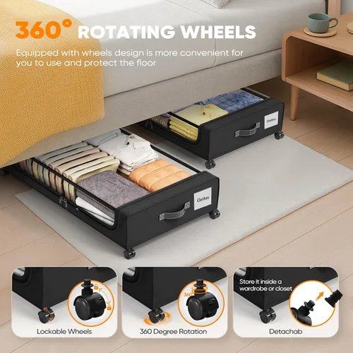 Miniatura 4 de Camkey® Almacenamiento debajo de la cama con ruedas de 360°, paquete de 2 unidades, contenedores rodantes de bajo perfil de 60L debajo de la cama