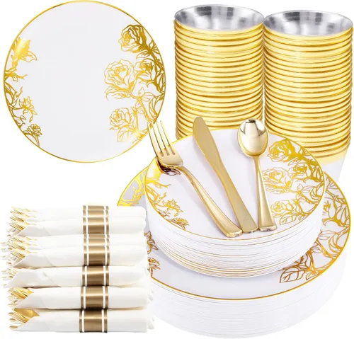 DaYammi 210 platos de plástico dorados, vajilla desechable floral de oro blanco que incluye 30 platos llanos, 30 platos de ensalada, 30 servilletas