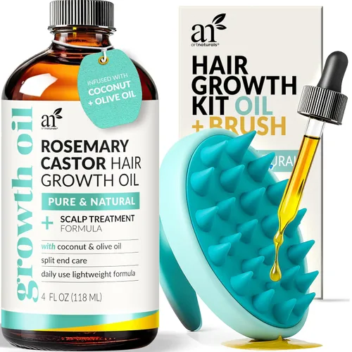 Artnaturals Aceite de cabello orgánico de romero y ricino + juego de aceite para el crecimiento del cabello con masajeador 4 onzas con aceite de