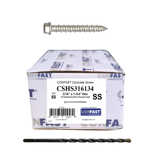 Miniatura 13 de CONFAST Tornillos de concreto de 1/4" x 1-3/4" de acero inoxidable 410, hexagonales, con broca para cemento para anclaje a mampostería, bloque