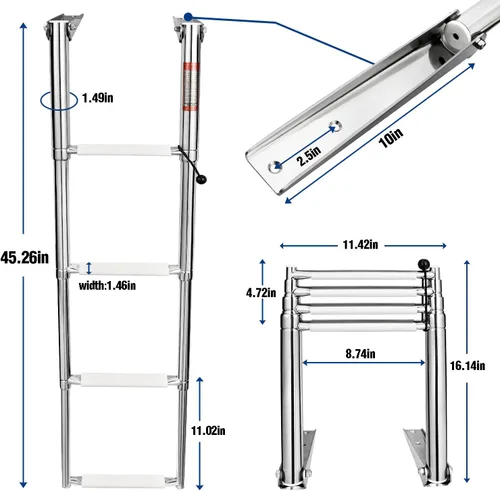 Miniatura 2 de YOUNG MARINE Escalera telescópica y plegable de acero inoxidable de 4 escalones con estribo de plástico blanco, montaje sobre plataforma