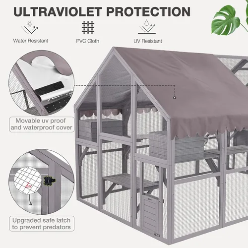 Miniatura 3 de Gran recinto para gatos Catio al aire libre, resistente a la intemperie, con techo impermeable, múltiples plataformas, hamaca para cueva de gato