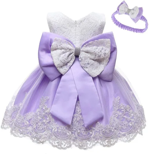 Miniatura 2 de Tutú formal con lazo de princesa, vestido de encaje y diadema para niñas de Pascua (morado, 0-3 meses)