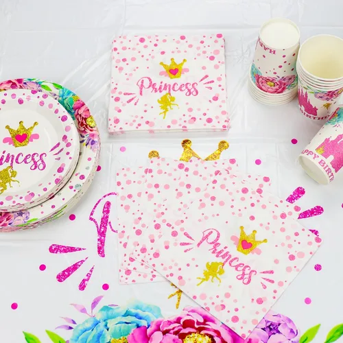 Miniatura 3 de Decoraciones de fiesta de princesa: 81 piezas de decoración de castillo, incluyendo platos de papel rosa, servilletas y mantel para decoraciones