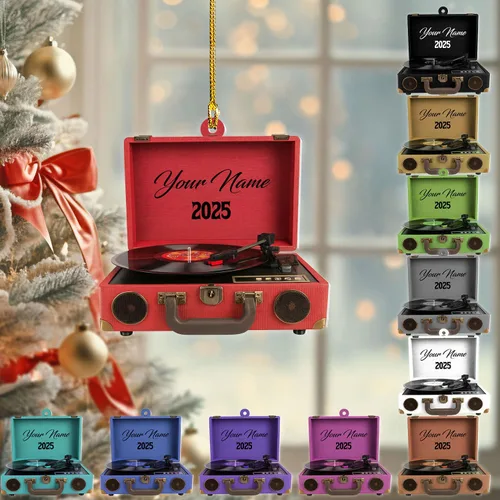 Miniatura 15 de Adorno de Navidad personalizado, máquina de discos de vinilo, adorno plano 2D, adorno para tocadiscos, instrumento musical, decoración de árbol
