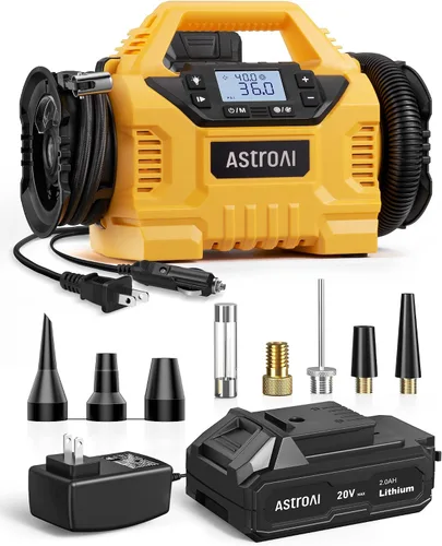 AstroAI Inflador de neumáticos inalámbrico, compresor de aire portátil para automóvil de 160 PSI con pantalla HD, 3 fuentes de alimentación y