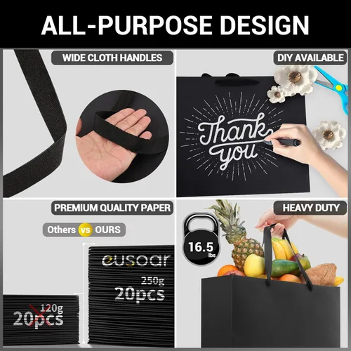 Miniatura 3 de EUSOAR Bolsas grandes de papel de regalo a granel, paquete de 25 bolsas de papel negras resistentes de 12.5 x 4.5 x 11 pulgadas con asas, para Negro