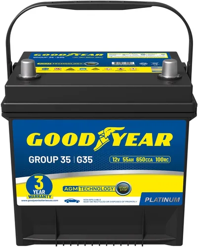 Goodyear 35-AGM batería BCI Grupo Tamaño 35 12V 55 AH, 100RC, 650 CCA serie Platinum recargable AGM para automóvil sin mantenimiento