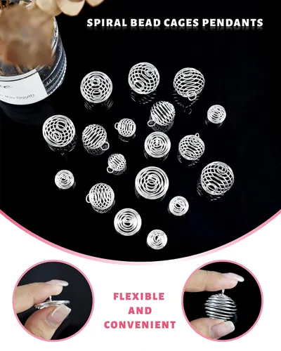 Miniatura 3 de JIALEEY Colgantes de jaulas de cuentas en espiral, 60 unidades, 3 tamaños, chapado en plata, soporte para collar, jaula, hallazgos para fabricación