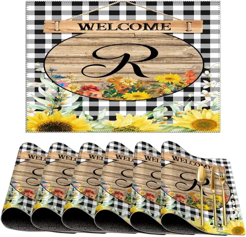 Miniatura 29 de Manteles individuales de bienvenida con diseño de girasol vintage con bandera R con inicial, 1 unidad, estilo granja, para mesa de comedor, cocina