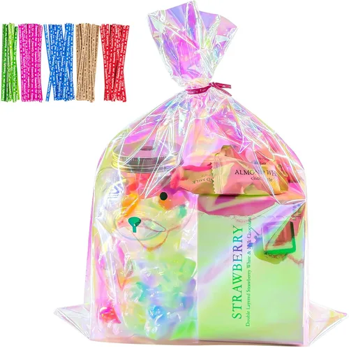 Miniatura 27 de Bolsas de celofán iridiscentes de 5 x 7 pulgadas con lazos giratorios, bolsas de golosinas para galletas, chocolates y palomitas de maíz