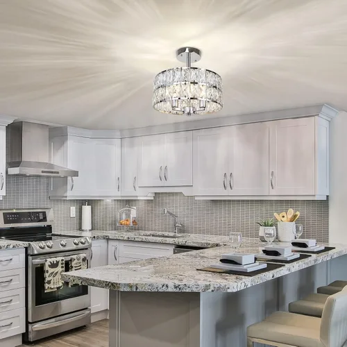 Miniatura 3 de Lámpara de techo redonda de cristal de 3 luces, moderna lámpara de pasillo de 12.6 pulgadas, lámpara de cocina semiempotrada cromada con pantalla