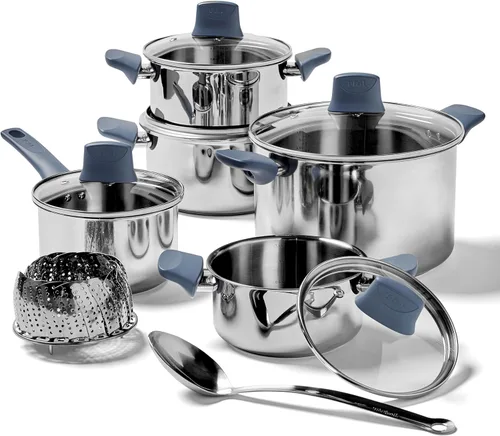 Conjunto de utensilios de cocina T-Fal Essentials de acero inoxidable, 12 piezas, compatible con inducción, apto para horno a 350F, juego de cocina