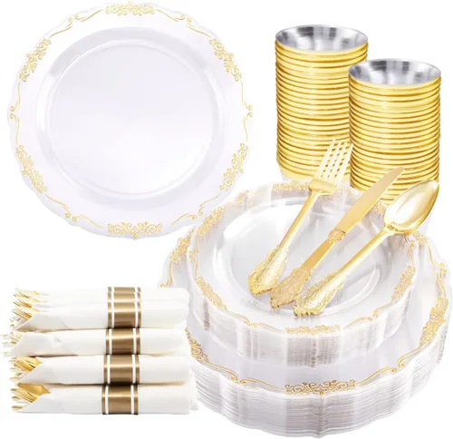 U-QE 175 platos y servilletas de plástico dorado para fiestas, juego de vajilla transparente y dorado para 25 invitados, 25 platos llanos, 25 platos