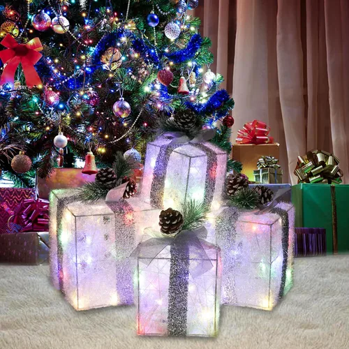 Miniatura 4 de COVFEVER Cajas de Regalo Iluminadas de Navidad, Juego de 4 Cajas de Regalo con Luces Preinstaladas, Juego de Cajas de Regalo Iluminadas que