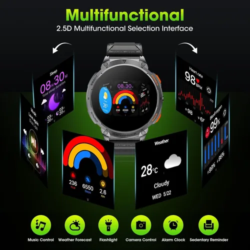 Miniatura 7 de Military Smart Watches for Men, 1.85" HD Large Screen Smart Watch, Flashlight/730mAh/110+ Sports Modes Fitness Tracker Watch, Waterproof Mens Smart