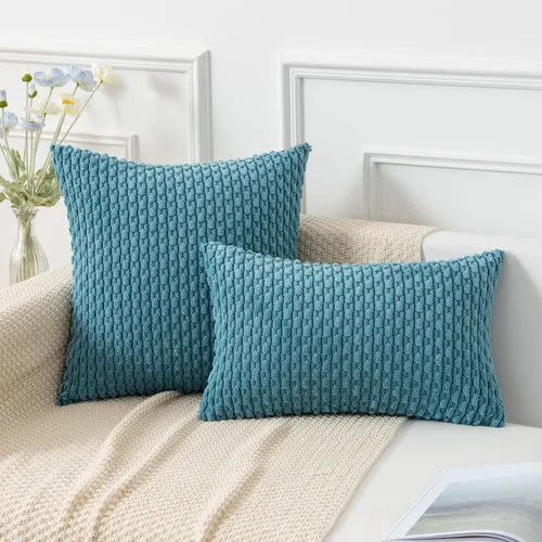Miniatura 339 de K Kevin Textile - Juego de 2 fundas de almohada decorativas de corduroy suave azul con rayas estilo bohemio, fundas de almohada para sofá, cama