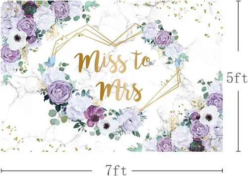 Miniatura 3 de AIBIIN Telón de fondo floral de Miss to Mrs de 7 x 5 pies para despedida de soltera, flores violetas moradas, fondo de fotografía, corazones dorado