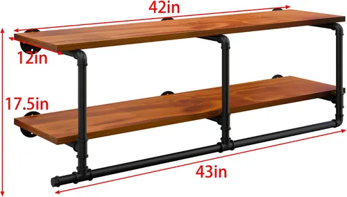 Miniatura 7 de Perchero montado en la pared de 12 pulgadas de profundidad, 42 pulgadas resistente con estante de madera de nogal real, barra de colgar multiusos