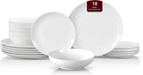 Miniatura 10 de HomeVss, nuevo juego de vajilla de porcelana de hueso, diseño de loto en relieve, juego de 20 piezas