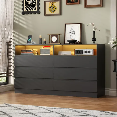 Miniatura 12 de STIKELY Cómoda con cajones para dormitorio con toma de corriente, cómodas negras con luz LED, cómoda para armario, armario organizador de aparadores