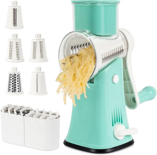 Miniatura 17 de X Home Rallador de queso giratorio para cocina, triturador con 3 cuchillas intercambiables, rallador giratorio con mango y base de succión fuerte