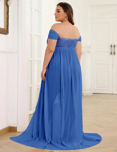Miniatura 5 de Vestido de maternidad para sesión de fotos con hombros descubiertos, vestido de gasa con abertura frontal, maxi vestidos de embarazo para fotografía