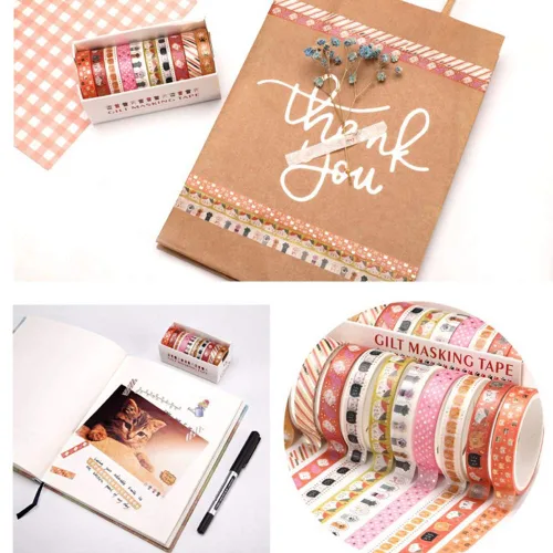 Miniatura 6 de YUBBAEX Juego de 10 rollos de cinta washi brillante, 8mm de ancho, de lámina dorada decorativa para manualidades, álbumes de recortes, planificador