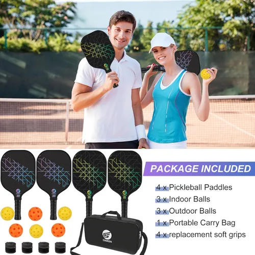 Miniatura 5 de Juego de 4 palas de pickleball aprobadas por USAPA de fibra de carbono (CHS), núcleo de panal de polipropileno, agarre antideslizante que absorbe