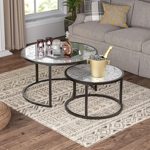 Miniatura 2 de Juego de 2 mesas auxiliares anidables, mesas auxiliares apilables rústicas, modernas mesas redondas de madera con patrón de mármol para sala