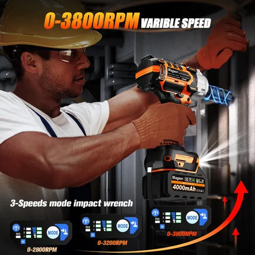 Miniatura 3 de Llave de impacto inalámbrica de 1/2 pulgada, pistola de impacto de alto par sin escobillas de 900 pies-libras (1200 N.m), 3800 RPM, 3 velocidades