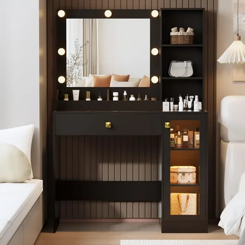 Miniatura 6 de Thacuok Tocador de maquillaje negro con espejo y luces, tocador de 34 pulgadas de ancho con estación de carga y gabinete de vidrio RGB, pequeño