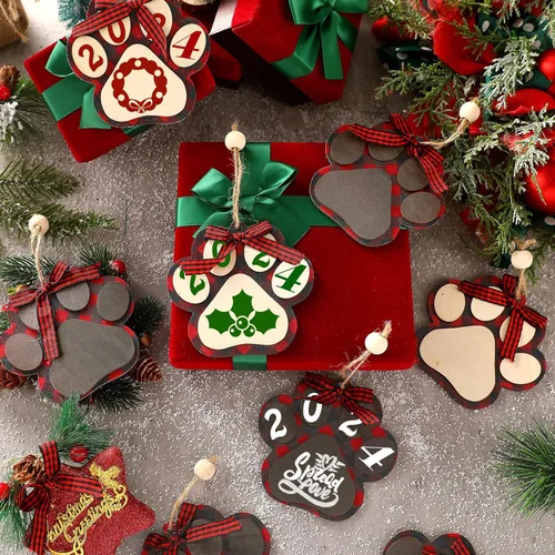 Miniatura 3 de 12 adornos navideños para perro, árbol de Navidad, adornos de pata de perro, lindos recortes de madera de 2 capas de impresión de patas, decoración