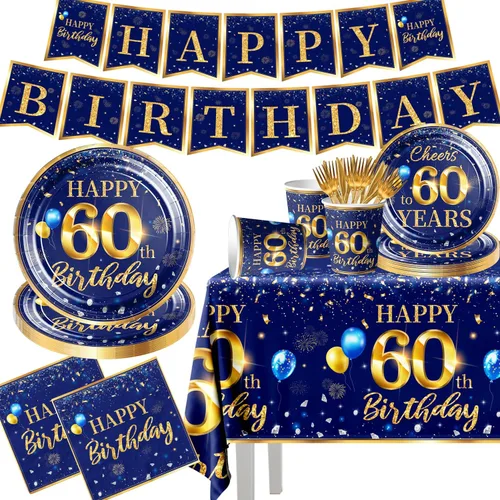 Miniatura 16 de Decoración de cumpleaños número 16 para hombres - Juego de 142 piezas de vajilla azul marino y dorada para cumpleaños (sirve para 20) Incluye