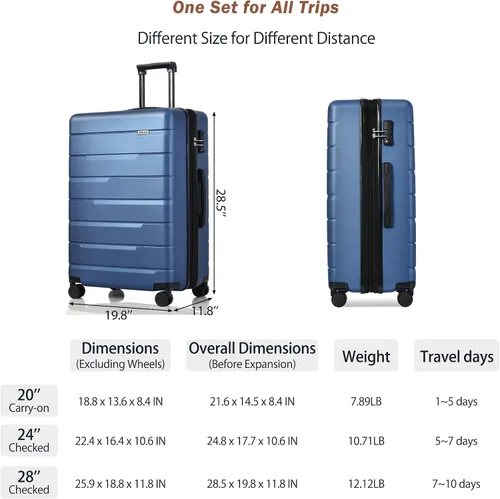 Miniatura 7 de Merax 3 piezas expandible Abs Hardshell Equipaje Sets con rueda giratoria Maleta TSA Lock Suit Case, marino, Merax 3 unids expandible Abs Hardshell