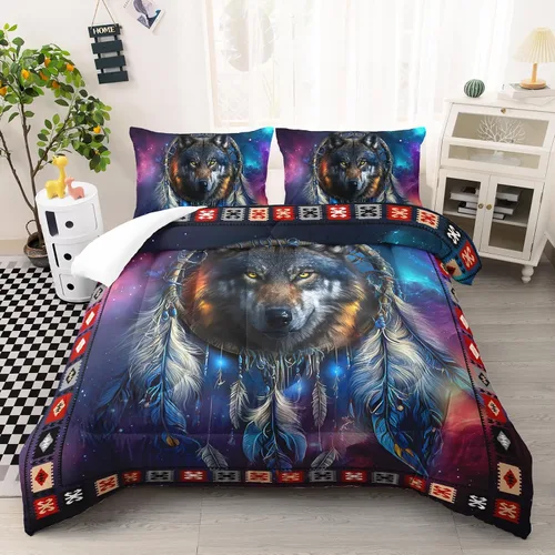 Miniatura 35 de AILONEN Juego de edredón con cabeza de lobo impresa tamaño individual, juego de ropa de cama de lobo para la noche para niños y hombres, juego