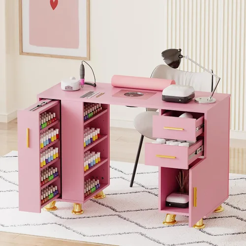 Miniatura 2 de Kikihouse Mesa de manicura, escritorio de uñas con colector de polvo y reposamuñecas, estación de trabajo resistente a acetona con cajones