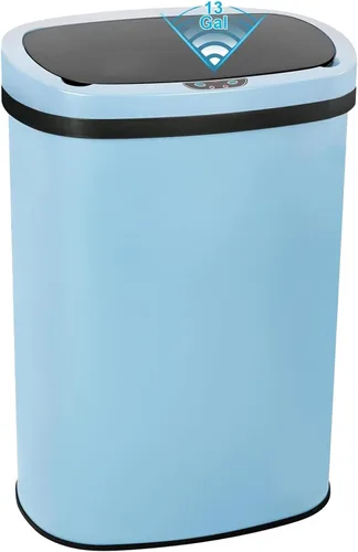 Bote de basura automático sin contacto de 13 galones con tapa, capacidad de 50 L, acero inoxidable, azul, 16 x 11 x 23 pulgadas