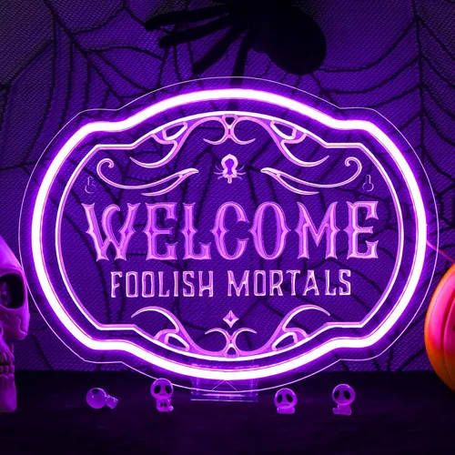 Miniatura 8 de Horseneon Letrero de neón de Navidad con texto en inglés "Welcome Foolish Mortals", mansión embrujada, decoración de pared LED para puerta, Mab