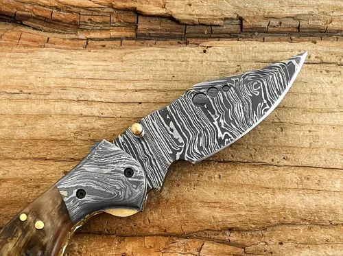 Miniatura 3 de Cuchillo de bolsillo de acero damasceno WINTERFELL para hombres con funda de cuero, cuchillos de caza plegables hechos a mano de 7 pulgadas, mango