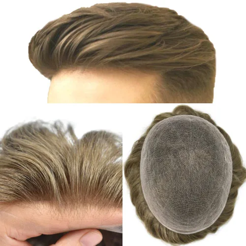 Miniatura 172 de Toupee para hombres nudos blanqueados hombres toupee hairpieces europeo virgen sistema de reemplazo de cabello humano suave encaje francés hombres